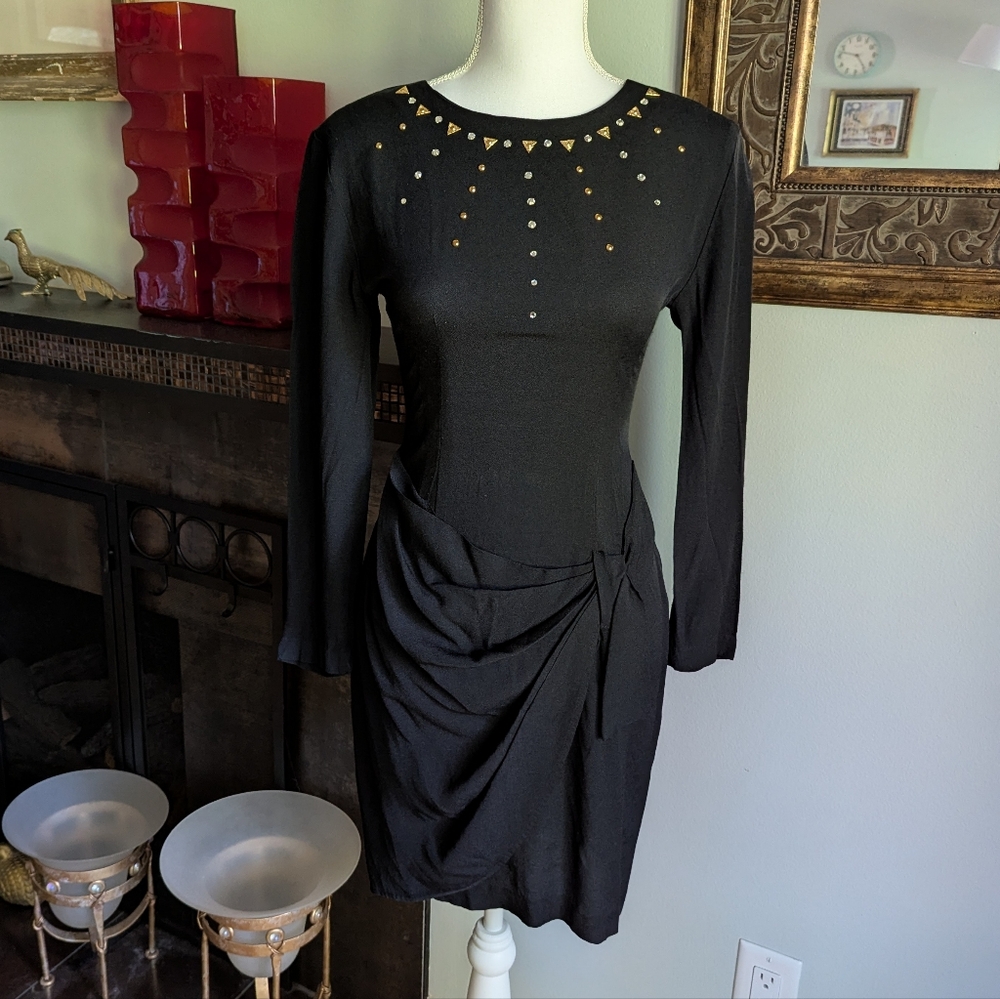 Vtg 80s Scarlett Rhinestone Stud Neckline Dress Sz Small Black Drape Accent 178